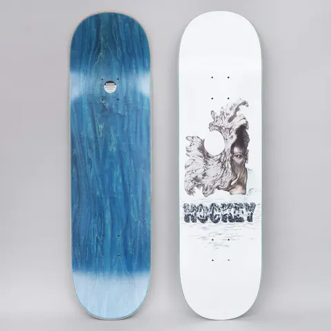 Hockey Andrew Allen Liquid Metal White skateboard deck: White deck with a pencil-style illustration of a man's face half hidden by a rising wave of liquid metal, above chrome-effect Hockey lettering sitting on a rippling surface.