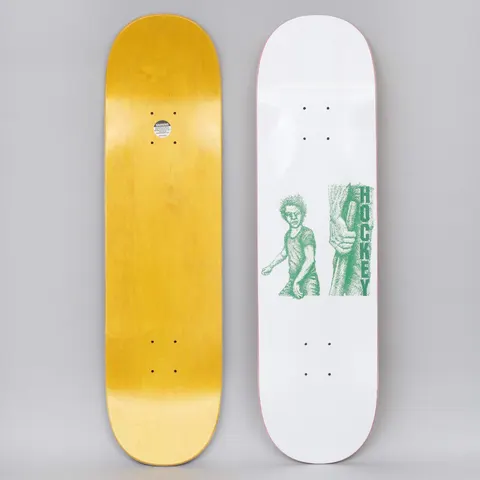Hockey Battery White skateboard deck: White deck with a green stippled illustration of a scowling young man with spiky hair beside a clenched hand gripping a bat, with HOCKEY in vertical lettering. A yellow stained underside is also shown.