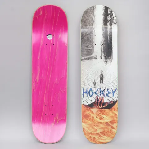 Hockey Ben Kadow Tunaboy skateboard deck: Greyscale street scene of a small child and a cat on a cobbled square with bare trees, torn open at the bottom to show a clawed skeletal hand in flames. Hockey is lettered in blue metallic style. The photo also shows the pink underside.