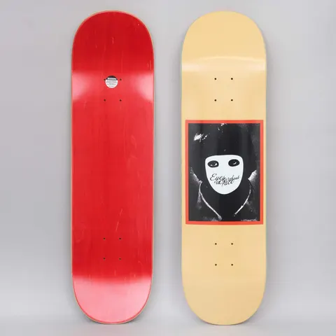 Hockey No Face Yellow skateboard deck: Pale yellow deck with a framed black and white photo print of a hooded figure wearing a blank white mask with eye holes, inside a red-orange border, with script text across the mask.