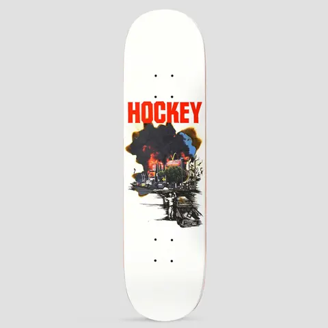 Hockey Tier One John Fitzgerald Shape 2 skateboard deck: A large red Hockey logo above a scorched-edge photographic image of a burning street scene with black smoke, a billboard and a drawn car with a figure in the foreground, on a white deck.
