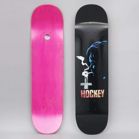 Hockey Donovon Piscopo Confession Black skateboard deck: Black deck with a blue silhouette of a hooded figure smoking, the smoke curling around an upside-down cross, above the Hockey wordmark in a pink to orange gradient.
