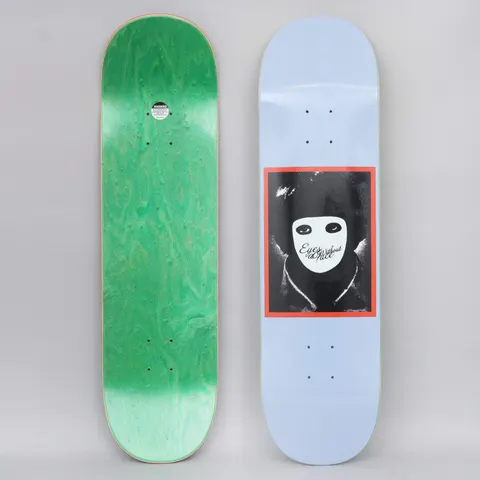 Hockey No Face Blue skateboard deck: A black and white photo of a hooded figure wearing a blank white mask, framed in red on a pale blue deck, with script text over the mask. The photo also shows the green underside.