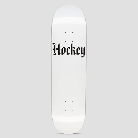 Hockey Stone Board Shape 2 skateboard deck: The brand name is set in black gothic blackletter on a plain glossy white ground, with no other graphic.
