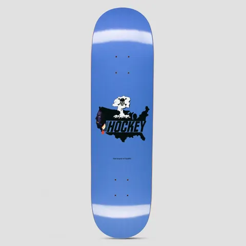 Hockey Board of Health Shape 1 skateboard deck: Black silhouette of the United States with a mushroom cloud topped by a skull and crossbones, and a dark masked face on the west coast. Hockey wordmark across the map, small caption beneath, on plain blue.