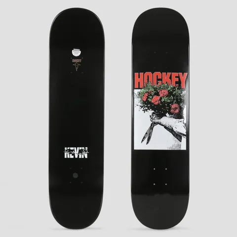 Hockey Kevin Rodrigues Roses skateboard deck: A black and white photo of a hand holding garden shears and a bunch of red roses, under large red HOCKEY lettering, on a black deck. The underside has a KEVIN credit near the tail.
