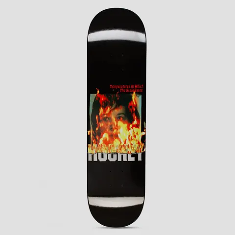 Hockey Temperatures Kevin Rodrigues Shape 1 skateboard deck: Photo of a woman's face engulfed in flames above stacked Hockey lettering that also looks to be burning, on a black deck. Red caption sits above the photo.