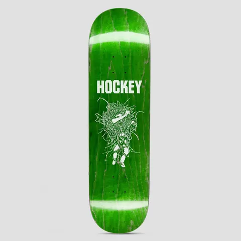 Hockey Tumbleweed Diego Todd Shape 2 skateboard deck: White line drawing of a tangled, scribbled figure with outstretched arm and legs below white 'Hockey' lettering, on a green-stained deck.