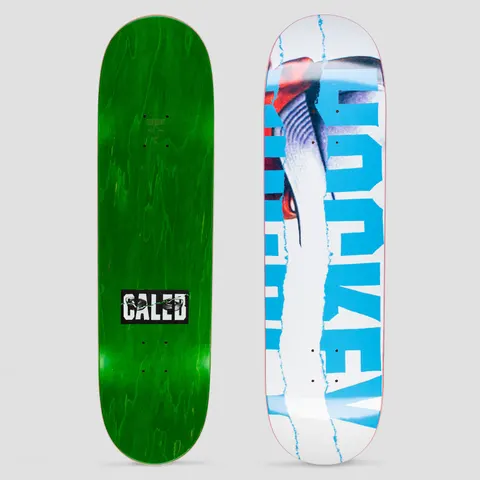 Hockey Caleb Barnett Intro White / Blue skateboard deck: Large blue Hockey lettering torn across a white ground, with a ripped strip revealing a close-up photo of a red and blue object. The underside is green with a Caleb logo patch.