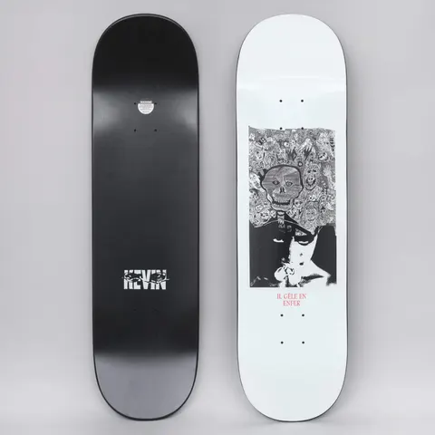 Hockey Rodriguez Disruption White skateboard deck: White deck with a boxed black-and-white image of a dense crowd of doodled monsters topped by a skull, above a smoking woman's face. Red French caption below. The black underside has the name Kevin.