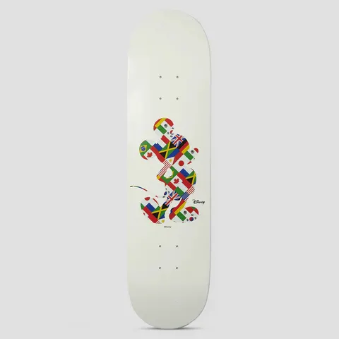 HUF x Mickey Mouse 8.25 Worldwide Tour White skateboard deck: Mickey Mouse silhouette filled with a patchwork of national flags, centred on a plain off-white deck. Small Disney logo and copyright line beside and below.