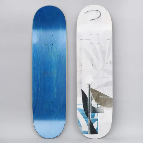 Isle Brooker Sculpture Series skateboard deck: A white deck with a muted collage-style image of a lamppost and curved sculptural shapes in black, grey and blue, over faint leaf shapes and a scrawled mark. Small typed names sit at the top. The other side is blue.