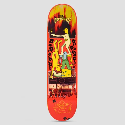 Krooked Cernicky Hot Red skateboard deck: Red deck with cartoonish yellow figures stacked in an acrobatic pile, one pointing, against a flaming black and yellow backdrop. Black flowers run down both sides, with a photo strip reading HOT and flames near the tail.