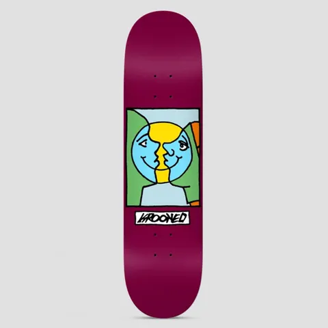 Krooked Easy Rider Moonsmile Maroon skateboard deck: Maroon deck with a framed cartoon of two smiling moon-like faces in blue and yellow looking at each other, against green and orange shapes. The brand name sits on a white label below.