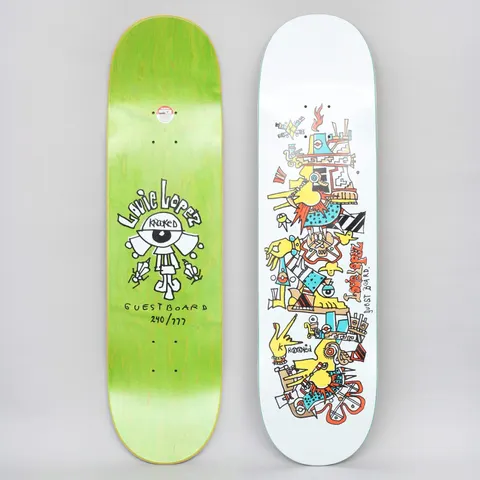 Krooked Louie Lopez Guest Model skateboard deck: Two views of the deck. The top shows a colourful, stacked, tribal or Aztec-style totem of yellow, blue and orange blocky faces and birds on white. The underside is green with a white eye logo and a numbered edition mark.