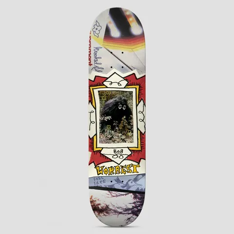 Krooked Worrest Big Foot Twin Tail Slick skateboard deck: Collage deck with a framed photo of a dark furry Bigfoot-like creature with drawn-on sleepy eyes in undergrowth, inside a red and cream hand-drawn border. Worrest in yellow lettering, with a bird and Feel Free text below.