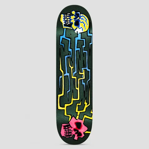 Krooked Worrest Skulls And Bolts Twin Tail Slick skateboard deck: Dark green speckled deck with a maze of jagged yellow, blue and black zigzag lines linking a yellow skull at the top to a pink skull at the bottom, in a rough hand-drawn marker style.