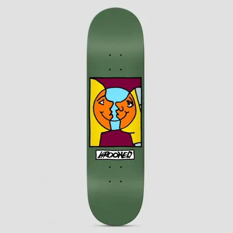 Krooked Easy Rider Moonsmile Green skateboard deck: Boxed cartoon of two orange moon-like smiling faces in profile kissing, with yellow hair and a blue gap between them, above a Krooked label on a green deck.