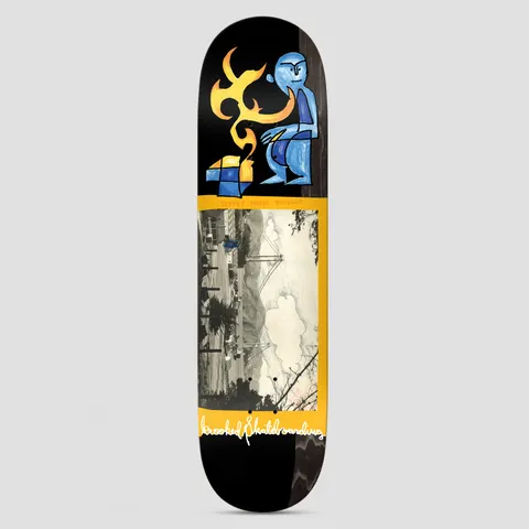 Krooked Cernicky Bridge skateboard deck: Black deck with a blue figure and a yellow flame-like shape at the nose, above a yellow-framed panel with a sepia photograph of a suspension bridge and hills. Krooked Skateboarding handwriting at the tail.