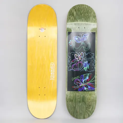 Krooked Gonz Velvet Green skateboard deck: Black rectangle on a green stained deck containing crayon-style drawings of colourful butterflies, a worm and a snake, with 'Krooked' and 'Gonzales' scrawled in. Plain yellow underside shown alongside.