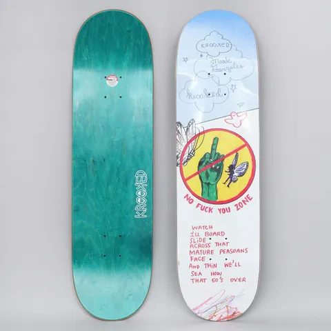 Krooked Gonzales Nofu Zone skateboard deck: Hand-drawn sign of a green hand giving the middle finger inside a red prohibition circle, with a fairy and butterfly, and cloud outlines at the top. Red handwritten poem below. Photo shows the graphic and the teal underside.