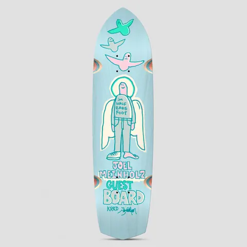 Krooked Joel Meinholz Guest Pro Zig Zagger Light Blue skateboard deck: Naive hand-drawn angel figure with a halo and wings, wearing a sweatshirt, above three small birds, on a pale blue shaped deck. Pastel mint, pink and cream outlines with hand-lettered name and guest board text.