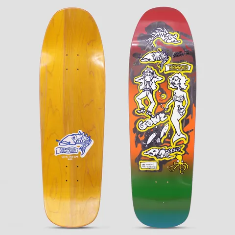 Krooked Gonz Colour My Friends skateboard deck: Shaped deck with hand-drawn Gonz doodles outlined in yellow: a mermaid, a man in sunglasses, fish, a skeletal fish and an octopus, on a red-to-green rainbow fade. 'Color my friends in' scrawled at the top. Bottom view shows a Krooked fish logo on yellow wood.