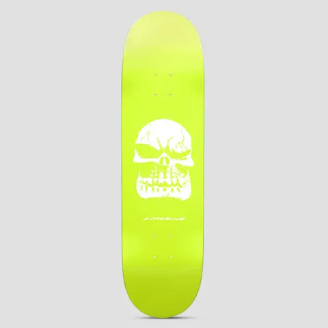 Limosine Cyrus Bennett Skol skateboard deck: Fluorescent yellow-green deck with a large white grungy skull in the centre and small Limosine text below it.