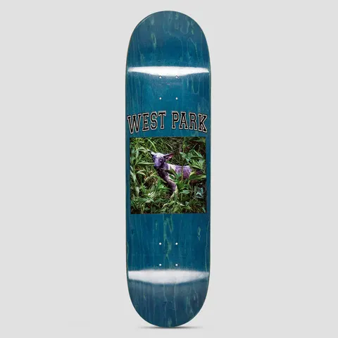 Limosine West Park Aaron Loreth Assorted skateboard deck: Collegiate-style outlined WEST PARK lettering above a rectangular colour photo of a small purplish animal, apparently a lamb or fawn, lying in dense green vegetation, on a blue-stained deck.