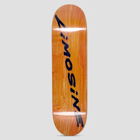 Limosine Sharpie skateboard deck: Brush-lettered wordmark in black paint running at a slight angle down the length of an orange-stained wood deck, with ragged, marker-like strokes and a drip at the lower end.