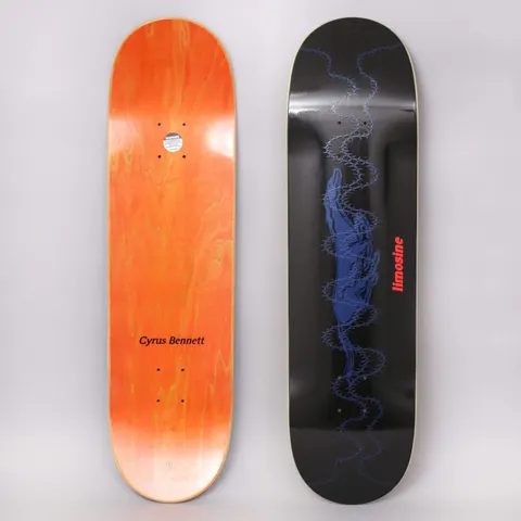 Limosine Cyrus Bennett Exodus Black skateboard deck: A dark blue hand-like figure reaching upward, surrounded by looping blue barbed-wire lines, on a black deck with small red limosine lettering. The underside is orange-stained with the rider name.