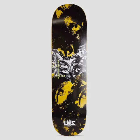 Lovenskate Mikey skateboard deck: Black deck splashed with yellow, with a high-contrast photocopied white image of a face or masked bat-like creature in the middle. Yellow vertical text beside it and an 'LNS' logo at the tail.