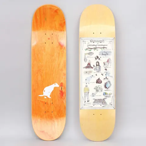 Lovenskate Most Dangerous Yellow Stain skateboard deck: Two decks. One has a white dog crouching to poop on an orange stain. The other has a framed illustrated chart of skateboarding's most dangerous hazards, such as cracks, dogs, security guards and a volcano, each labelled in tiny handwriting.