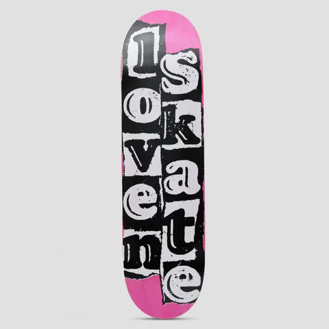 Lovenskate Logo Team skateboard deck: Ransom-note style lettering spelling Lovenskate in cut-out white letters on black torn paper strips, set over a pink deck.