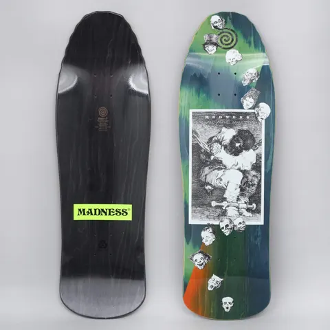Madness Captivity skateboard deck: Black and white etching of a hooded figure chained and slumped, framed in a white panel, surrounded by a trail of grotesque skull and mask heads and a spiral, on a green, blue and orange stained shaped deck.
