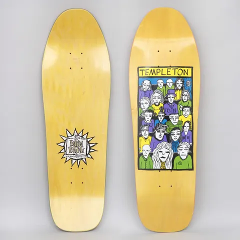 New Deal Templeton Crowd SP Yellow skateboard deck: A framed, hand-drawn crowd of staring faces in purple, green, yellow and blue, with a yellow title banner above. The yellow-stained deck is shown from both sides, with a spiky sun logo on the underside.