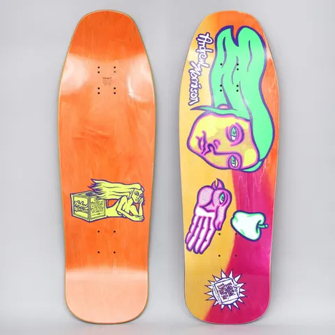 New Deal Morrison Bird In Hand Neon skateboard deck: Retro-shaped deck with a large green-haired head in profile, a hand with an eye in the palm and a bird's head, and a white apple, in neon green, pink and purple on yellow and magenta stain. The underside shows a figure lying by a box.