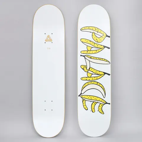 Palace Banana White skateboard deck: Cartoon yellow bananas, some peeled, arranged to spell out the Palace name vertically on a white deck. The photo also shows the white underside with a gold Tri-ferg logo.