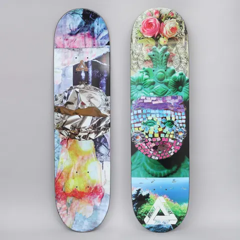 Palace Fairfax Pro S21 skateboard deck: Collage of pink roses over a green ornate bust whose face is replaced by colourful mosaic tiles, above an underwater plant scene, with the Palace triangle logo. The second deck is abstract torn paper with crumpled foil.