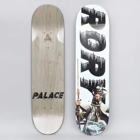 Palace Rory S21 skateboard deck: White deck with the name Rory in huge black letters stacked down the board, each edged with dripping icicles. A collaged figure in samurai-style helmet and robes holding a long spear stands at the bottom.