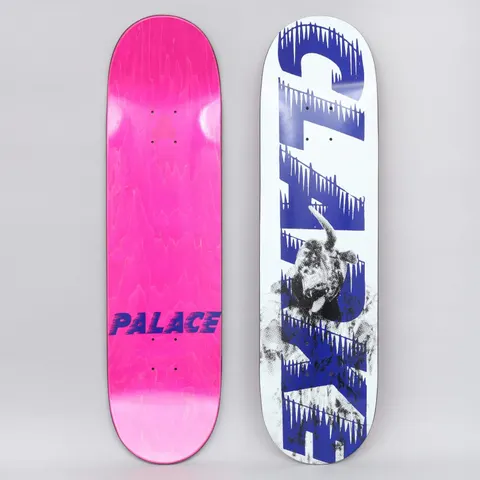 Palace Clarke S21 skateboard deck: Large blue Palace-style lettering with icicles dripping from it, running down a white deck over a grainy black and white photograph of a snarling bull terrier dog. The underside is pink with a blue Palace logo.