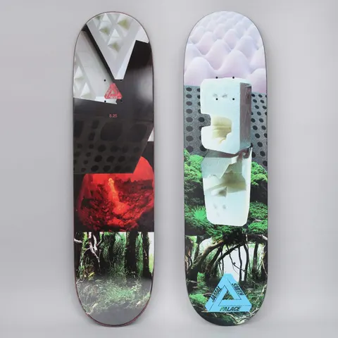 Palace Jamal Pro S21 skateboard deck: Photo collage with a pale foam sculpture resembling a totem head, set between purple egg-box foam above and green jungle foliage below. The Palace tri-ferg logo appears in blue at the bottom with the rider's name.
