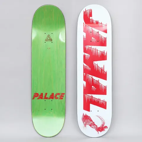 Palace Jamal S21 skateboard deck: Large red JAMAL lettering with icicle-like drips running up a white deck, with a small red illustration of a rooster or bird at the tail. The green underside shows a Palace triangle logo and PALACE in red italics.