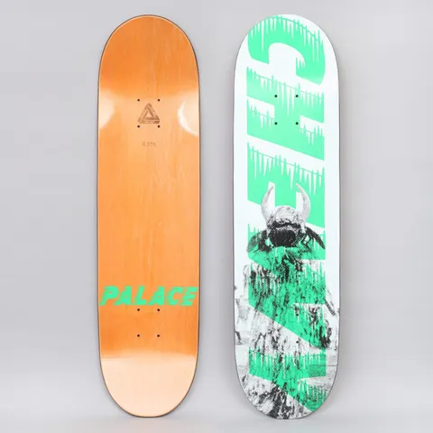 Palace Chewy S21 skateboard deck: Black and white photo of a horned, hooded figure in a rocky landscape, overprinted with large mint-green CHEWY lettering with icicle-like drips running down the deck.