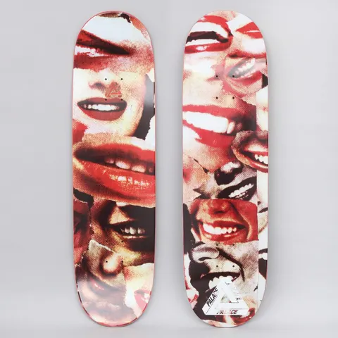 Palace John & Molly Mouf skateboard deck: Collage of torn magazine-style close-ups of smiling red-lipped mouths and teeth covering the whole deck, with a Palace tri-ferg logo in white near the tail. Both top and a second view shown.