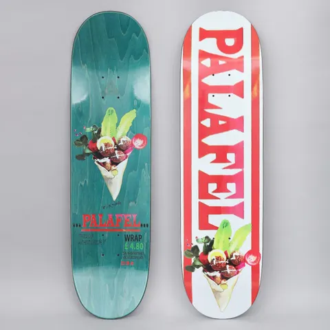 Palace Palafel skateboard deck: A falafel wrap with lettuce, falafel balls and tomato photographed on a white deck, below large red 'Palafel' lettering framed by red side stripes. The underside repeats the wrap with a price tag, on teal stained wood.