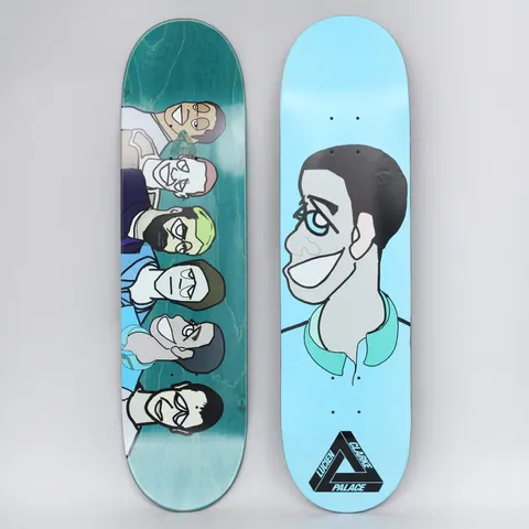 Palace Clarke Pro S20 Cyan skateboard deck: Cartoon caricature portrait of a smiling man with dark hair and a teal collar on a pale blue deck, with a black Tri-Ferg logo and name by the tail. The teal-stained underside shows a row of six cartoon faces.