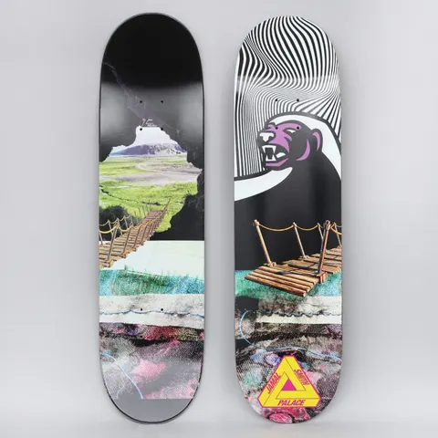 Palace Jamal Pro skateboard deck: Two decks shown. Collage of a rope-and-plank suspension bridge over layered landscape and fabric textures, with a black badger-like animal with a purple face against op-art black and white stripes. Palace tri-ferg logo at the tail.
