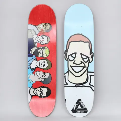 Palace Chewy Pro S20 Light Blue skateboard deck: Two sides of a deck: one shows a large cartoon face with a wide smile and pink hair on light blue, with a black Palace triangle and name; the other shows a line of six cartoon heads on red.