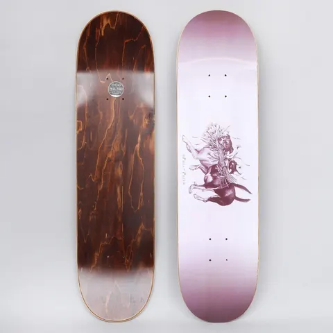 Passport Doggo Lavender skateboard deck: A lavender deck with a dark plum engraving-style drawing of two dogs wrestling, with a bunch of flowers among them. The Pass-Port name is written beside it. Top and underside are shown.